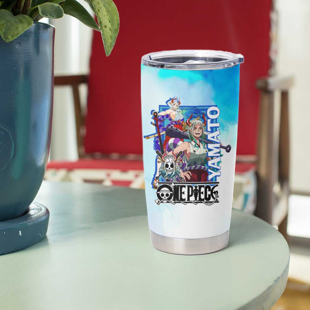 Yamato One Piece Blue Cloud Theme Tumbler Cup with Manga Panels and Oni Horn Character Design - The Mazicc
