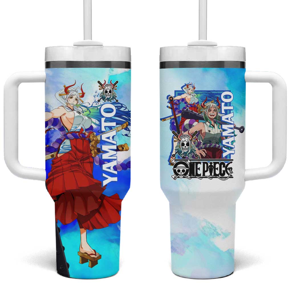 Yamato One Piece Blue Cloud Theme Tumbler With Handle with Manga Panels and Oni Horn Character Design - The Mazicc