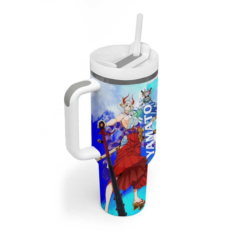 Yamato One Piece Blue Cloud Theme Tumbler With Handle with Manga Panels and Oni Horn Character Design - The Mazicc
