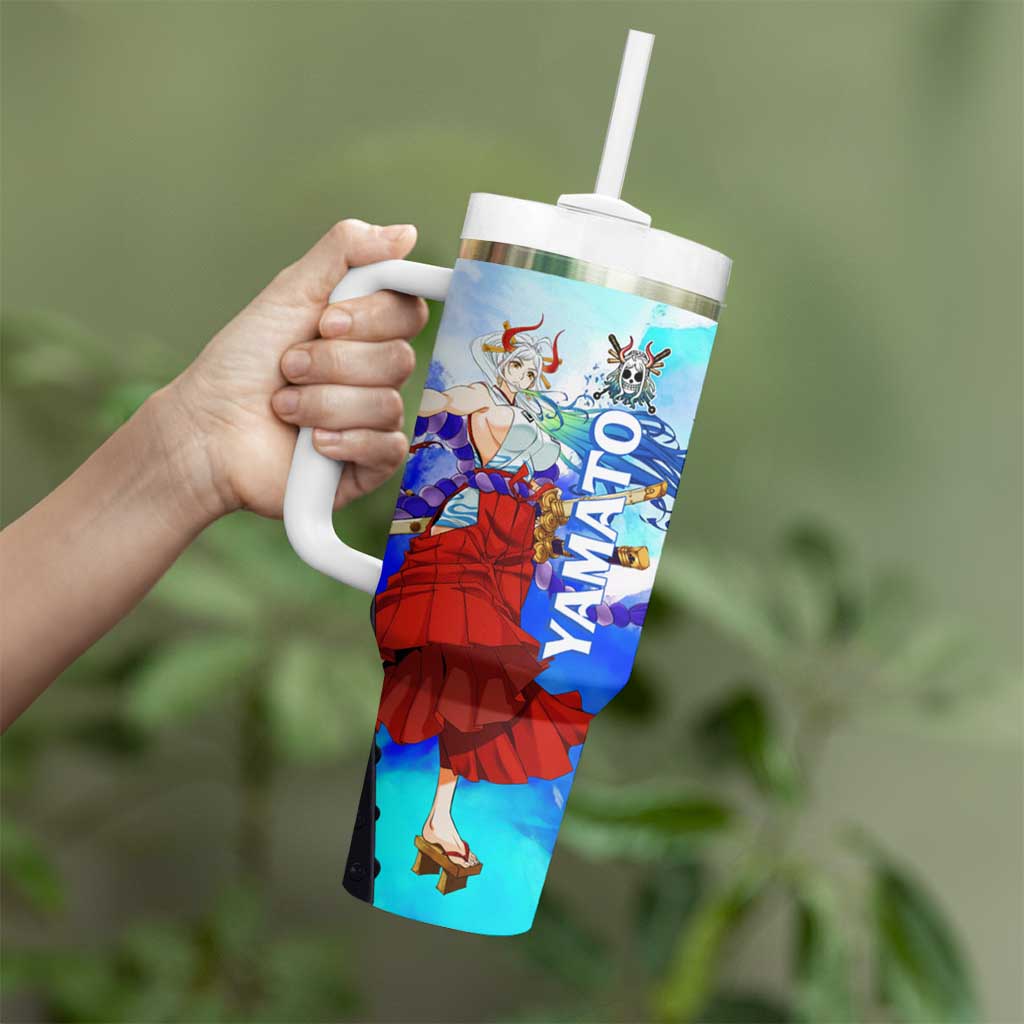Yamato One Piece Blue Cloud Theme Tumbler With Handle with Manga Panels and Oni Horn Character Design - The Mazicc