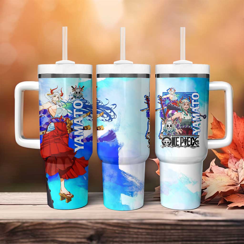 Yamato One Piece Blue Cloud Theme Tumbler With Handle with Manga Panels and Oni Horn Character Design - The Mazicc