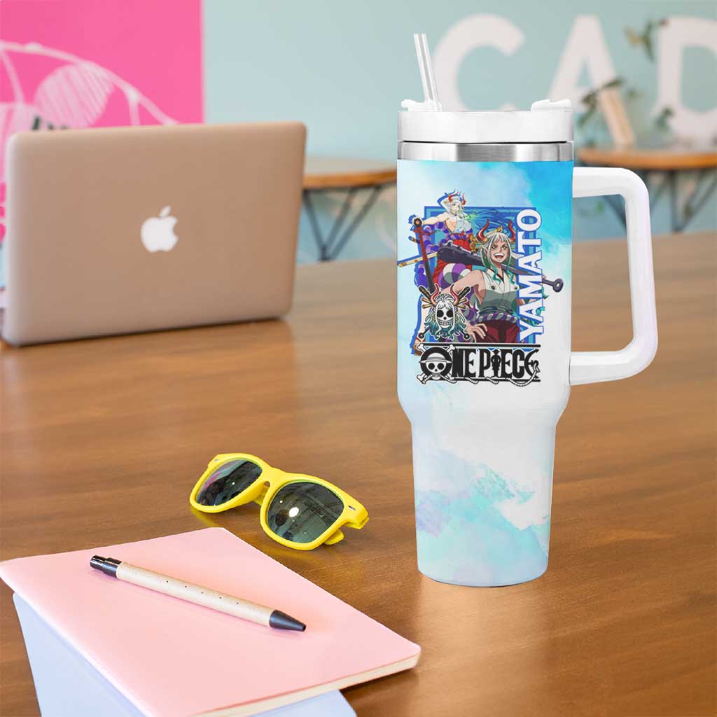Yamato One Piece Blue Cloud Theme Tumbler With Handle with Manga Panels and Oni Horn Character Design - The Mazicc