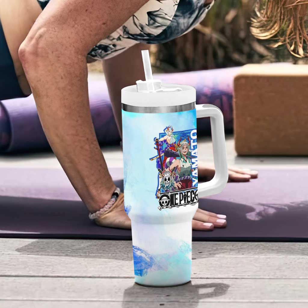 Yamato One Piece Blue Cloud Theme Tumbler With Handle with Manga Panels and Oni Horn Character Design - The Mazicc