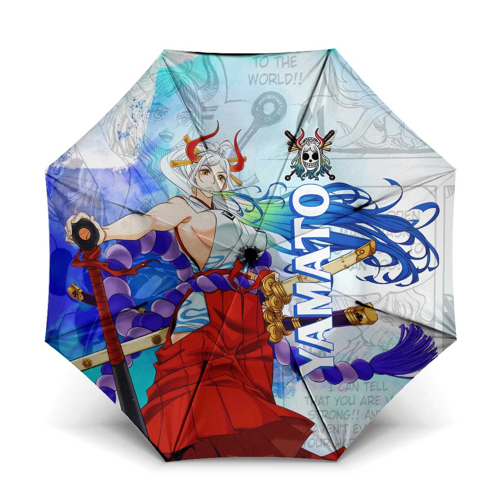Yamato One Piece Blue Cloud Theme Umbrella with Manga Panels and Oni Horn Character Design - The Mazicc