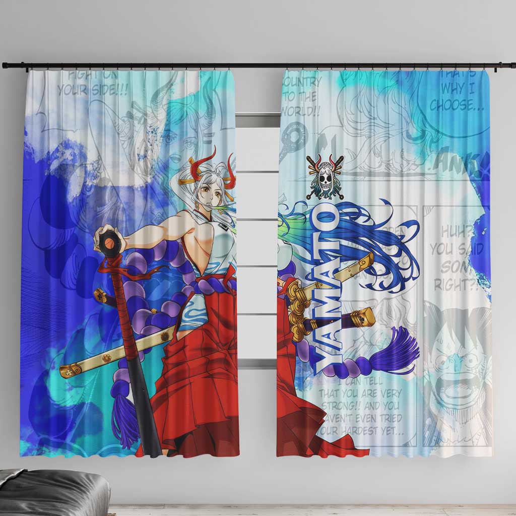 Yamato One Piece Blue Cloud Theme Window Curtain with Manga Panels and Oni Horn Character Design - The Mazicc