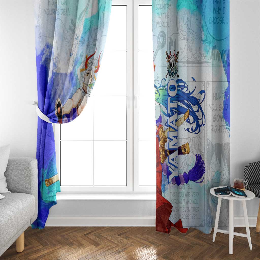 Yamato One Piece Blue Cloud Theme Window Curtain with Manga Panels and Oni Horn Character Design - The Mazicc