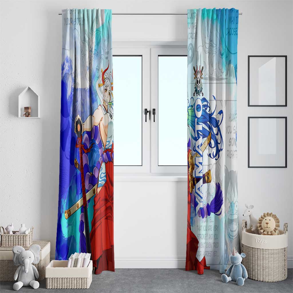 Yamato One Piece Blue Cloud Theme Window Curtain with Manga Panels and Oni Horn Character Design - The Mazicc