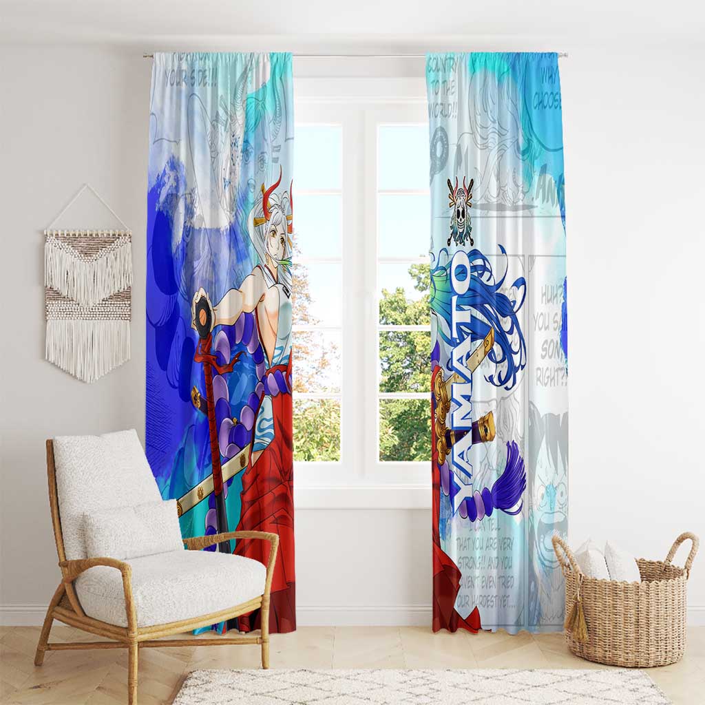 Yamato One Piece Blue Cloud Theme Window Curtain with Manga Panels and Oni Horn Character Design - The Mazicc