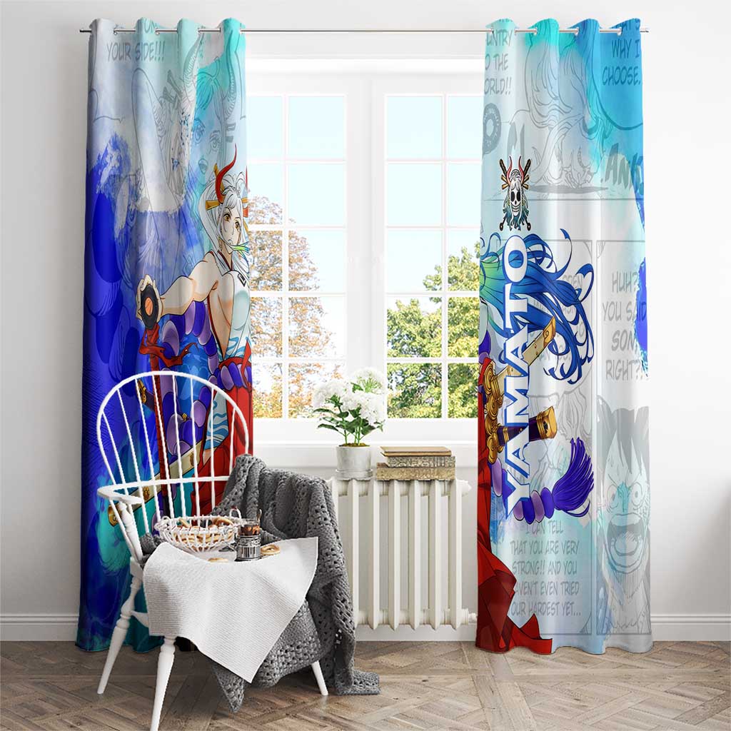 Yamato One Piece Blue Cloud Theme Window Curtain with Manga Panels and Oni Horn Character Design - The Mazicc