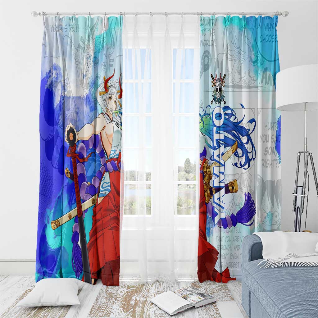 Yamato One Piece Blue Cloud Theme Window Curtain with Manga Panels and Oni Horn Character Design - The Mazicc