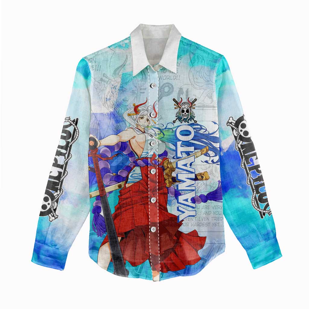 Yamato One Piece Blue Cloud Theme Women Casual Shirt with Manga Panels and Oni Horn Character Design - The Mazicc