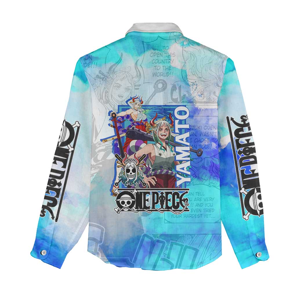 Yamato One Piece Blue Cloud Theme Women Casual Shirt with Manga Panels and Oni Horn Character Design - The Mazicc