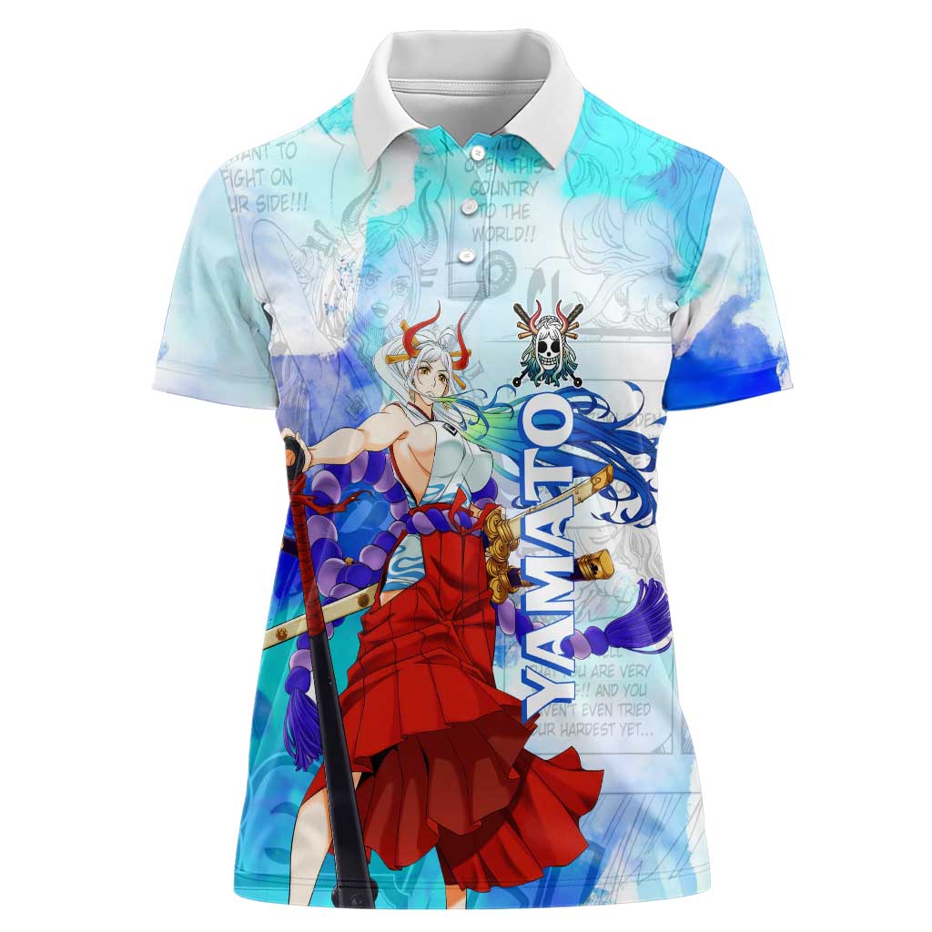 Yamato One Piece Blue Cloud Theme Women Polo Shirt with Manga Panels and Oni Horn Character Design - The Mazicc