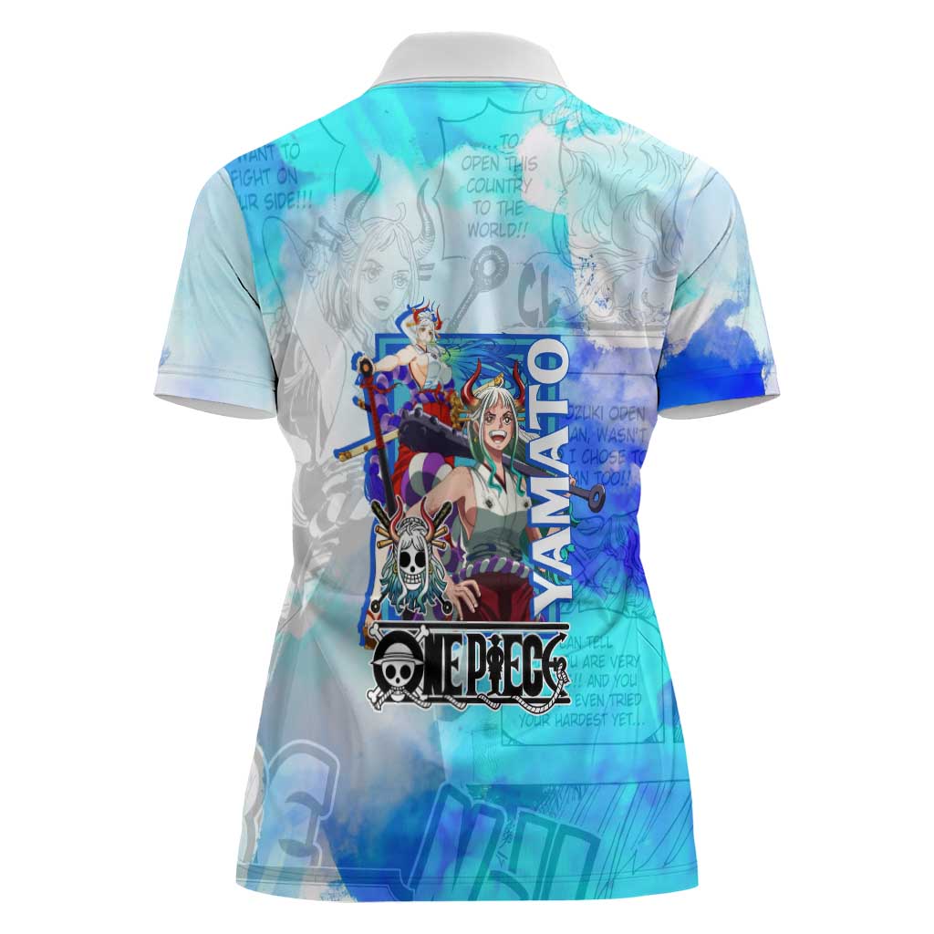 Yamato One Piece Blue Cloud Theme Women Polo Shirt with Manga Panels and Oni Horn Character Design - The Mazicc