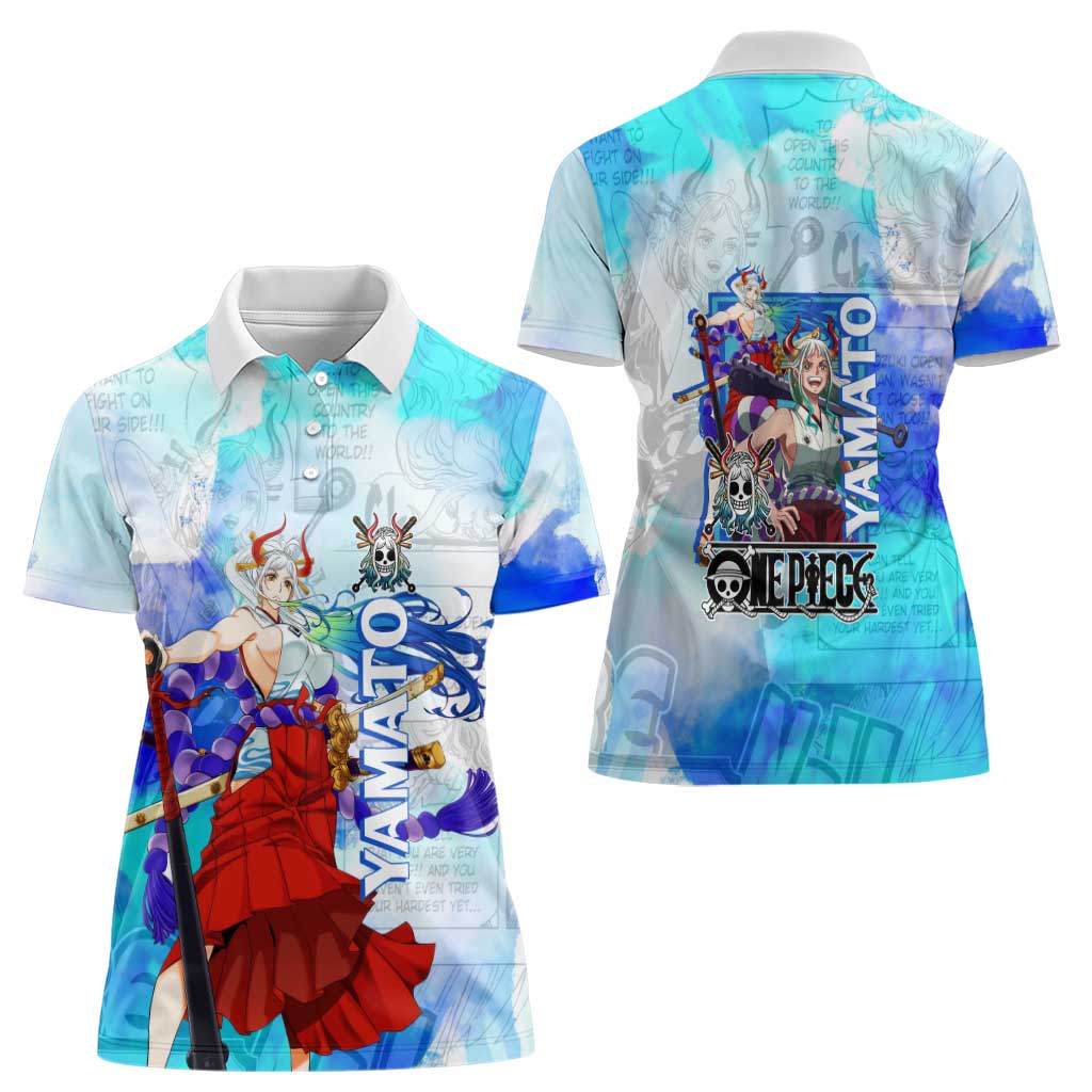 Yamato One Piece Blue Cloud Theme Women Polo Shirt with Manga Panels and Oni Horn Character Design - The Mazicc