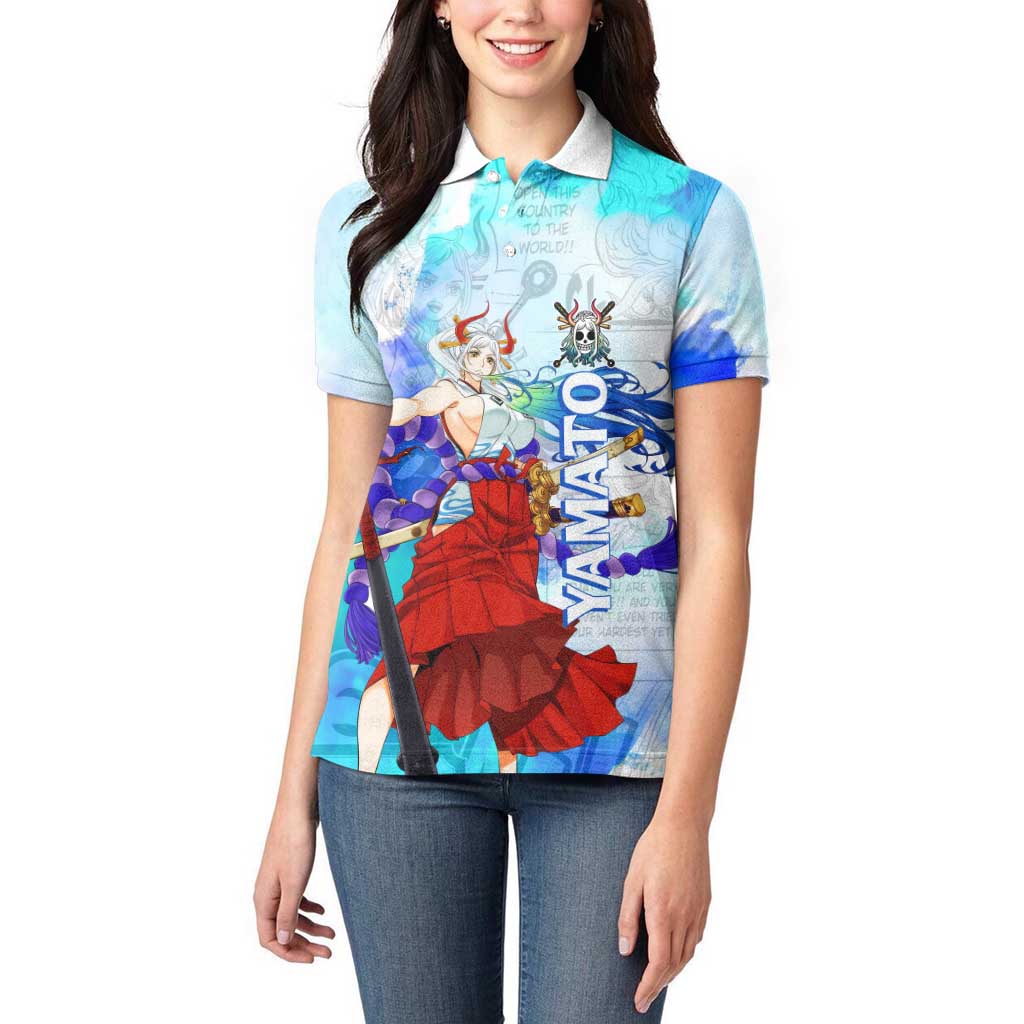 Yamato One Piece Blue Cloud Theme Women Polo Shirt with Manga Panels and Oni Horn Character Design - The Mazicc