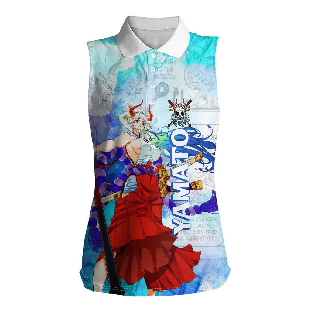 Yamato One Piece Blue Cloud Theme Women Sleeveless Polo Shirt with Manga Panels and Oni Horn Character Design - The Mazicc