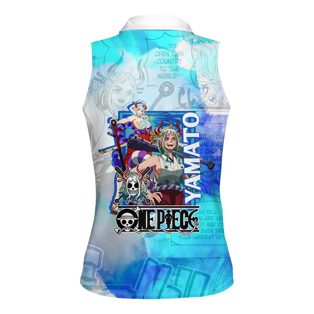 Yamato One Piece Blue Cloud Theme Women Sleeveless Polo Shirt with Manga Panels and Oni Horn Character Design - The Mazicc