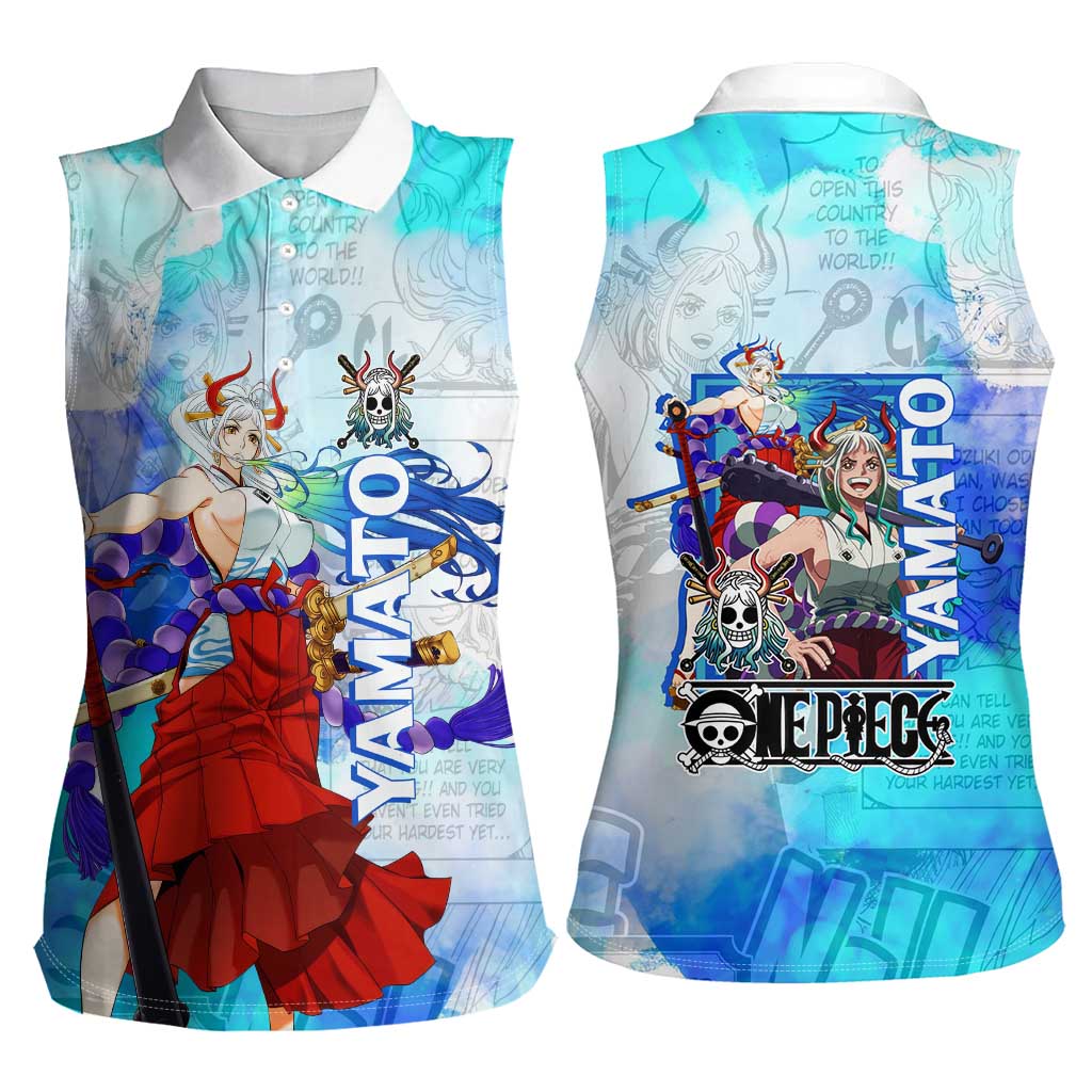 Yamato One Piece Blue Cloud Theme Women Sleeveless Polo Shirt with Manga Panels and Oni Horn Character Design - The Mazicc