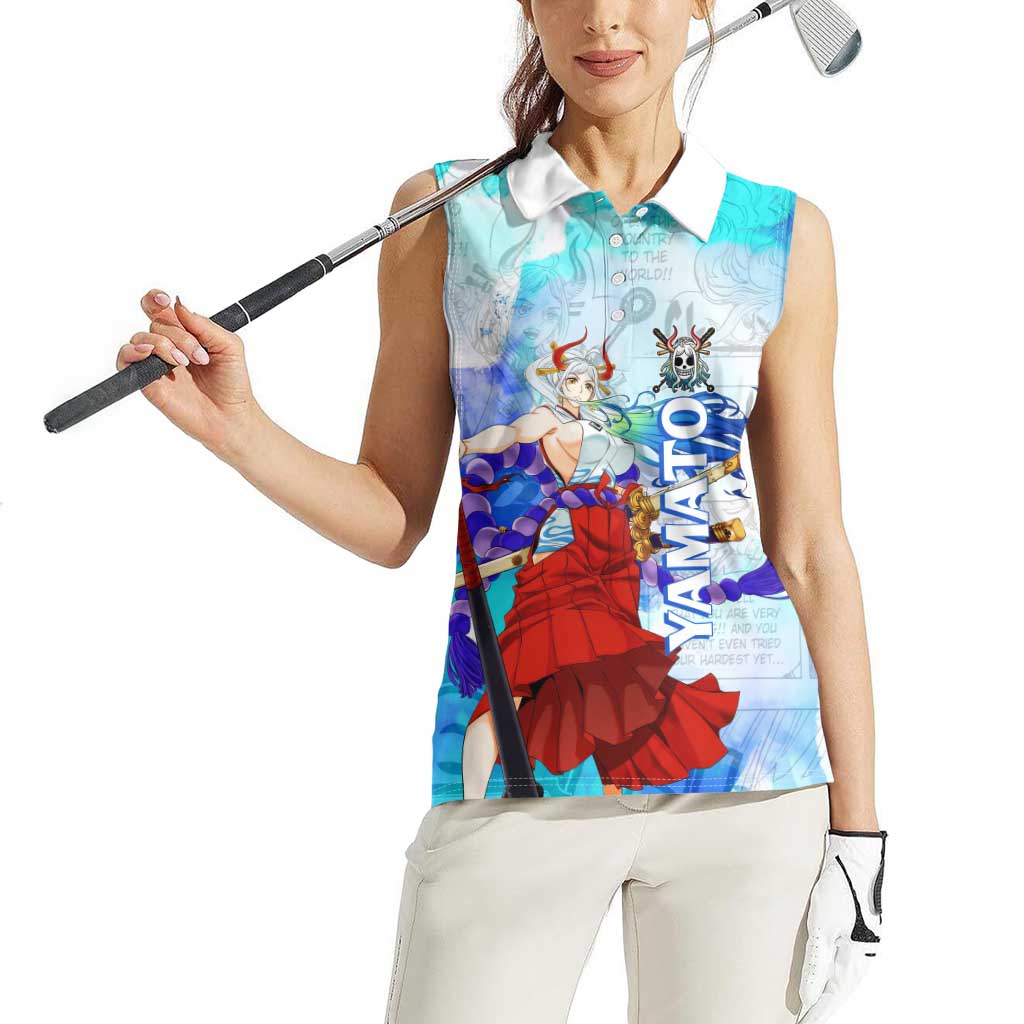 Yamato One Piece Blue Cloud Theme Women Sleeveless Polo Shirt with Manga Panels and Oni Horn Character Design - The Mazicc