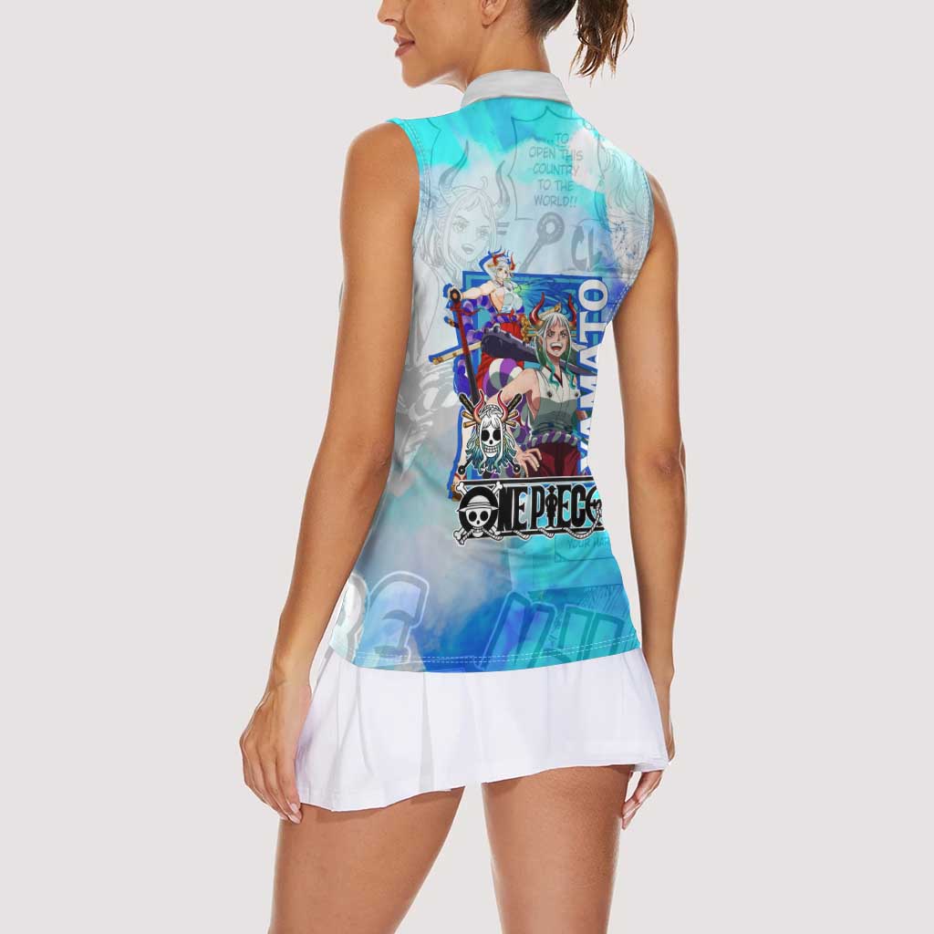 Yamato One Piece Blue Cloud Theme Women Sleeveless Polo Shirt with Manga Panels and Oni Horn Character Design - The Mazicc