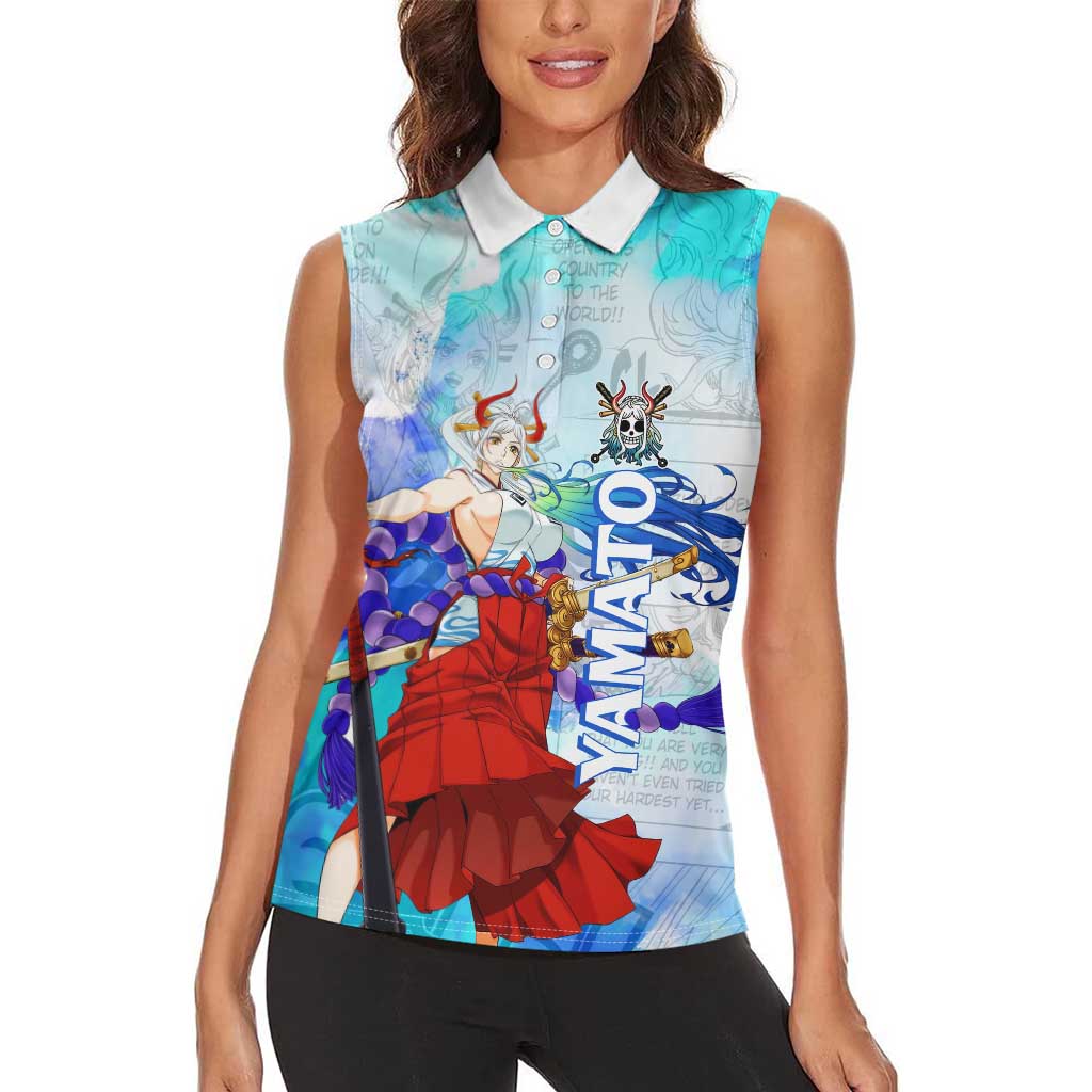 Yamato One Piece Blue Cloud Theme Women Sleeveless Polo Shirt with Manga Panels and Oni Horn Character Design - The Mazicc