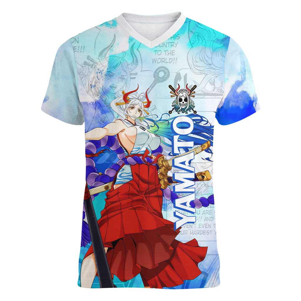 Yamato One Piece Blue Cloud Theme Women V-Neck T-Shirt with Manga Panels and Oni Horn Character Design - The Mazicc