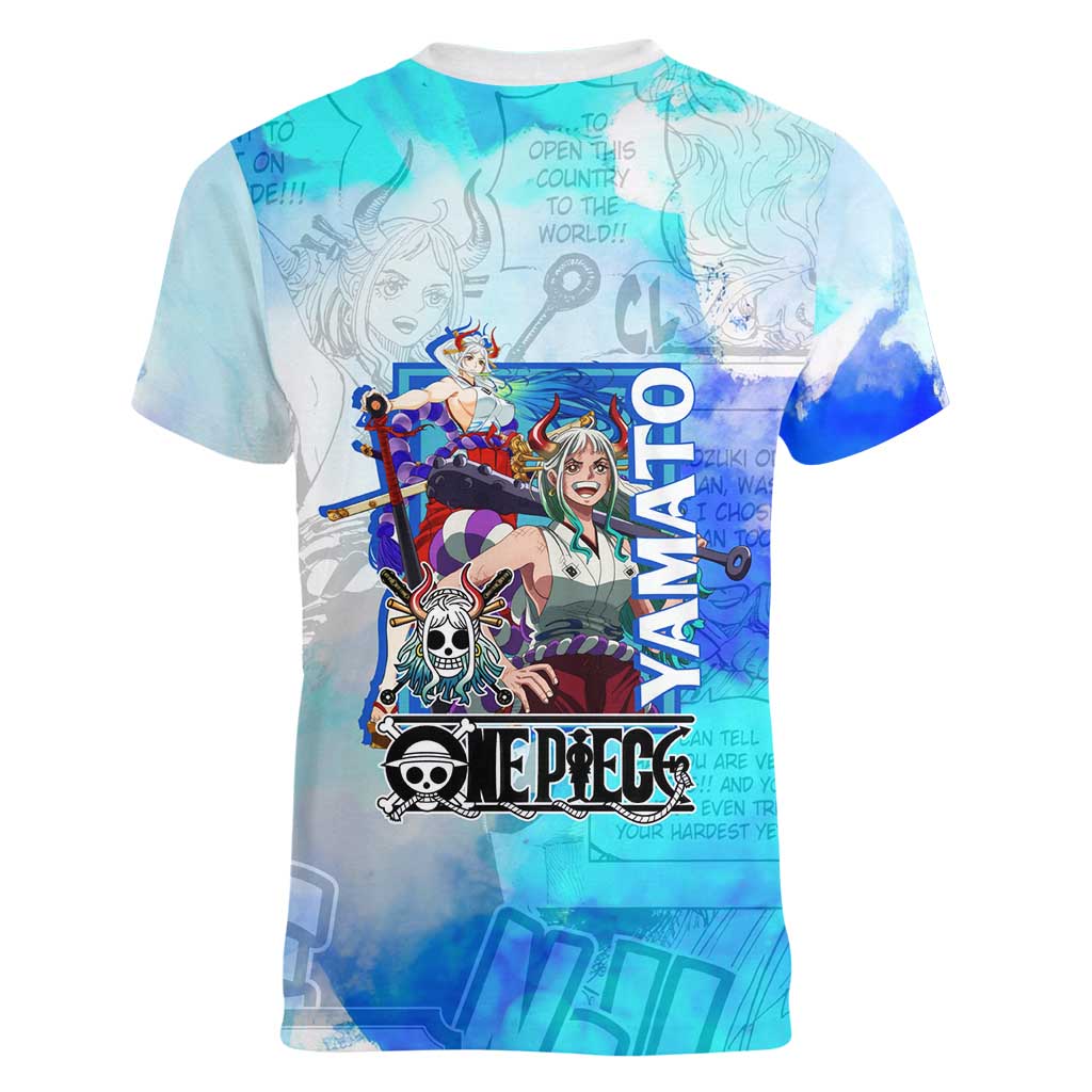 Yamato One Piece Blue Cloud Theme Women V-Neck T-Shirt with Manga Panels and Oni Horn Character Design - The Mazicc