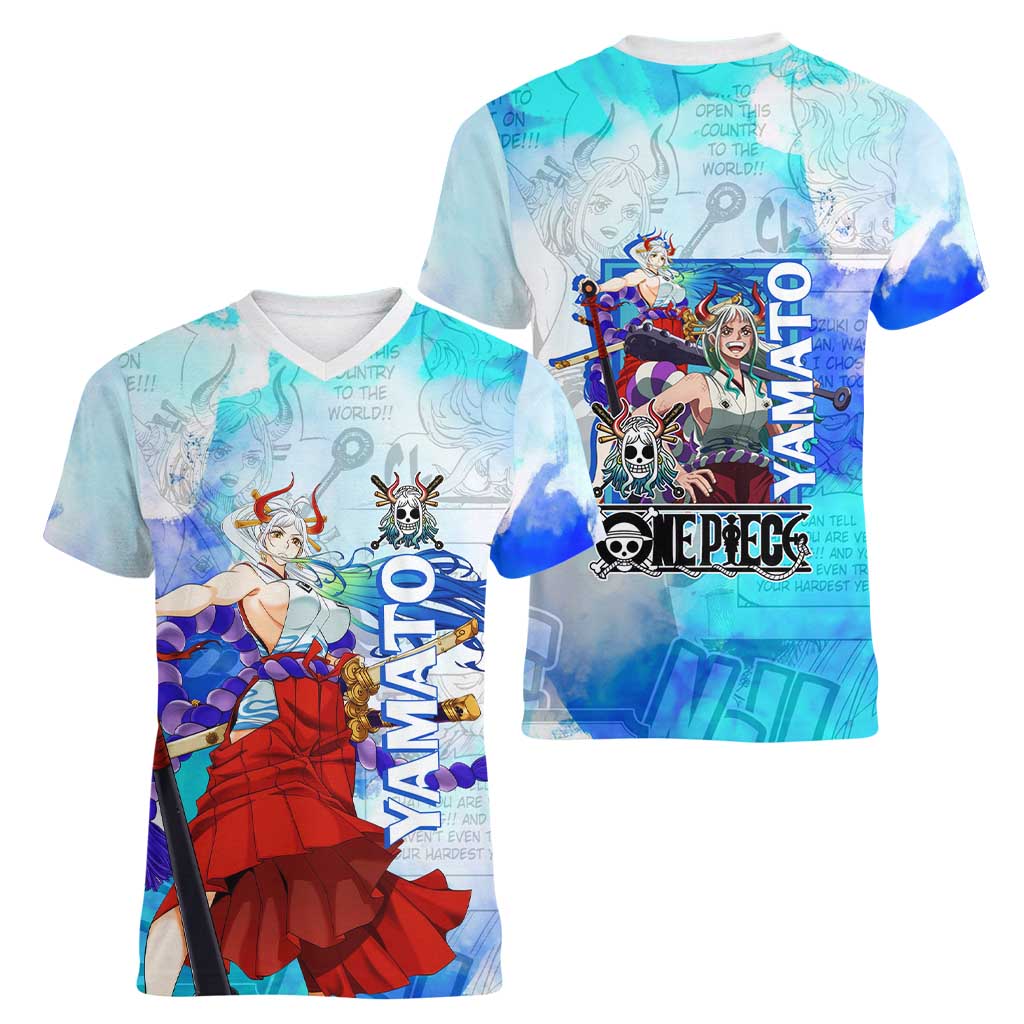 Yamato One Piece Blue Cloud Theme Women V-Neck T-Shirt with Manga Panels and Oni Horn Character Design - The Mazicc