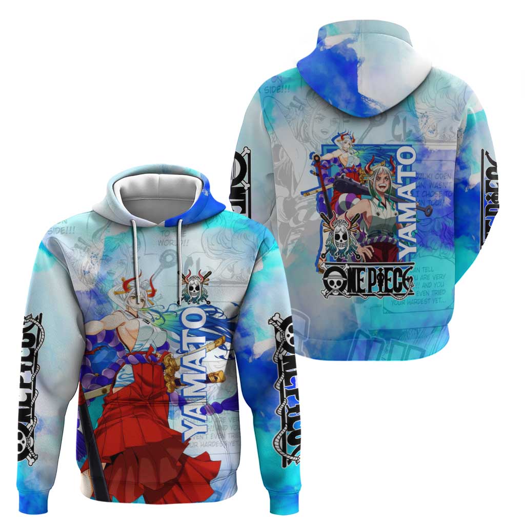 Yamato One Piece Blue Cloud Theme Zip Hoodie with Manga Panels and Oni Horn Character Design - The Mazicc