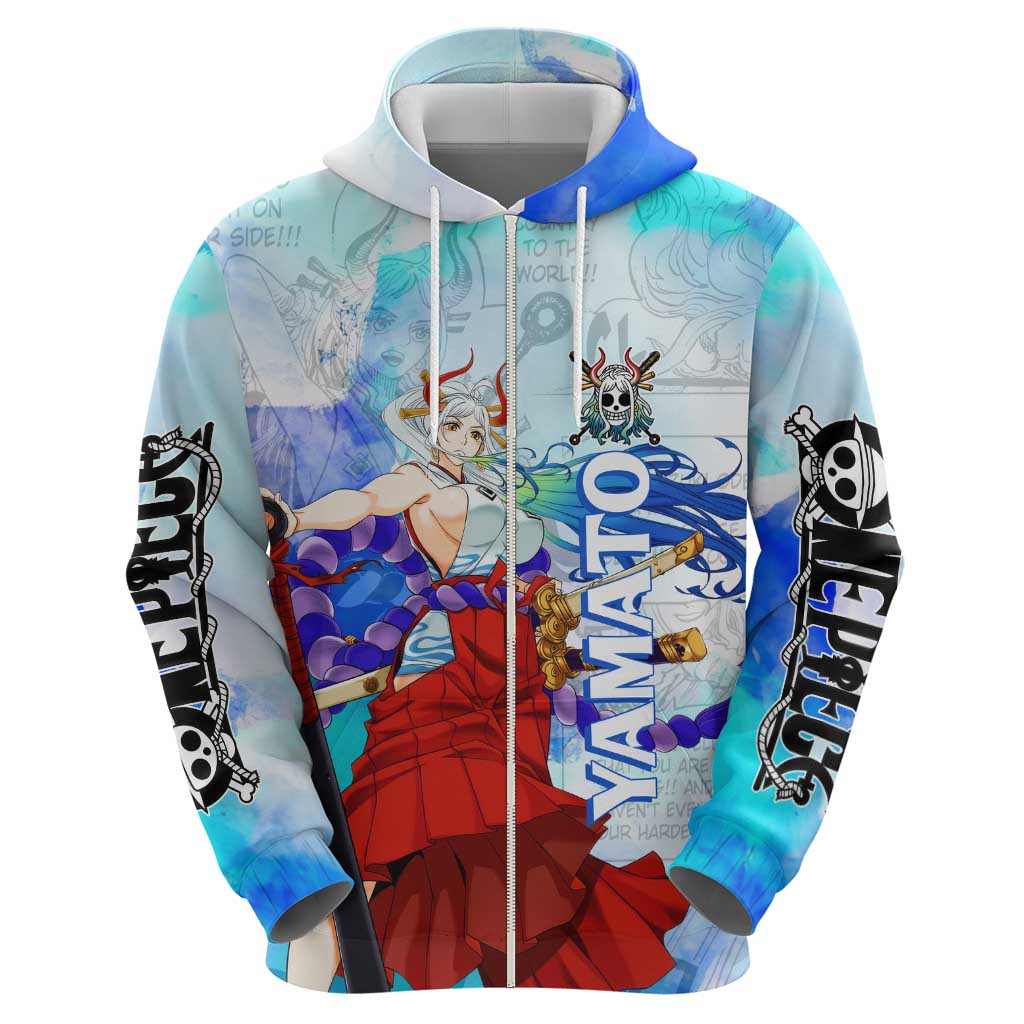 Yamato One Piece Blue Cloud Theme Zip Hoodie with Manga Panels and Oni Horn Character Design - The Mazicc