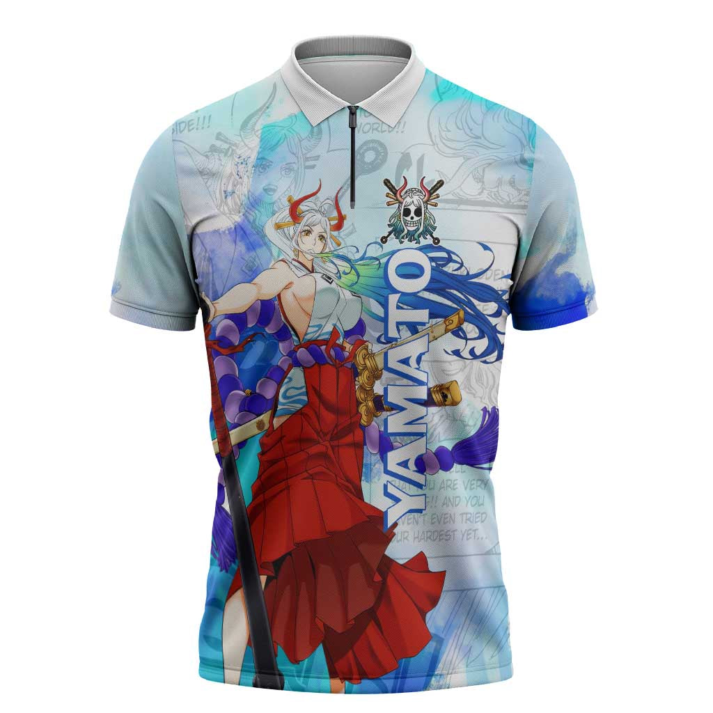 Yamato One Piece Blue Cloud Theme Zipper Polo Shirt with Manga Panels and Oni Horn Character Design - The Mazicc