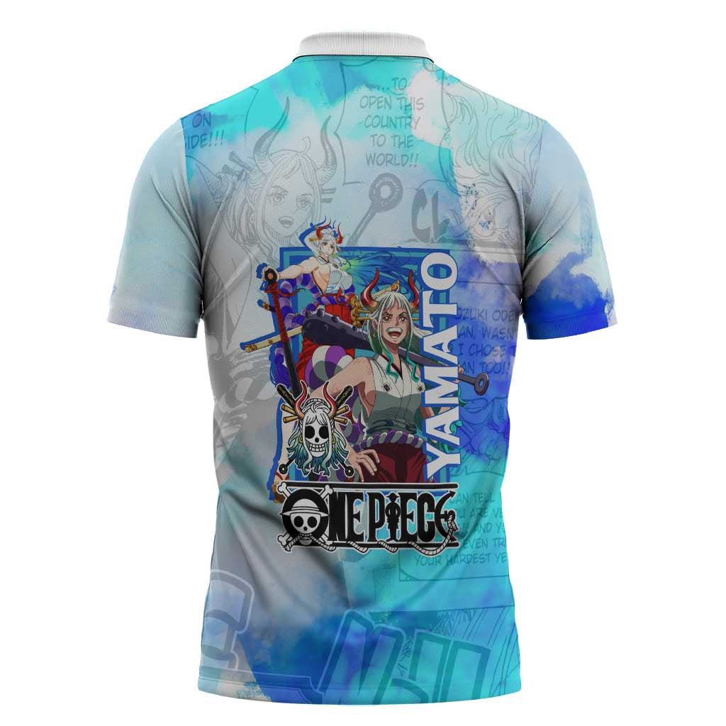 Yamato One Piece Blue Cloud Theme Zipper Polo Shirt with Manga Panels and Oni Horn Character Design - The Mazicc