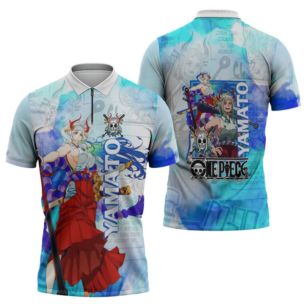 Yamato One Piece Blue Cloud Theme Zipper Polo Shirt with Manga Panels and Oni Horn Character Design - The Mazicc