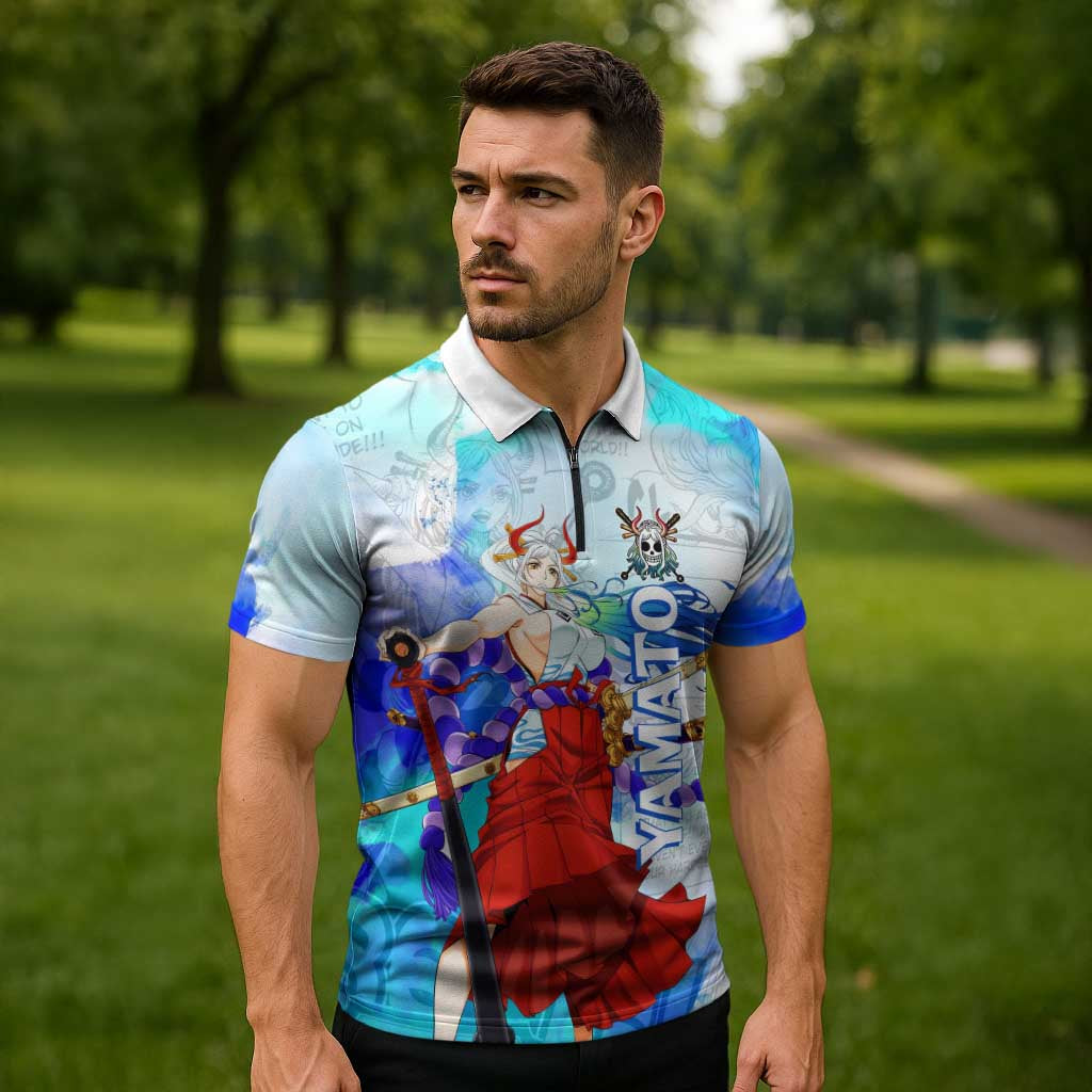 Yamato One Piece Blue Cloud Theme Zipper Polo Shirt with Manga Panels and Oni Horn Character Design - The Mazicc