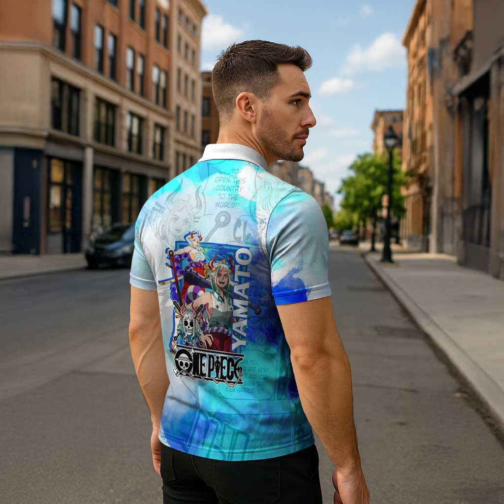 Yamato One Piece Blue Cloud Theme Zipper Polo Shirt with Manga Panels and Oni Horn Character Design - The Mazicc