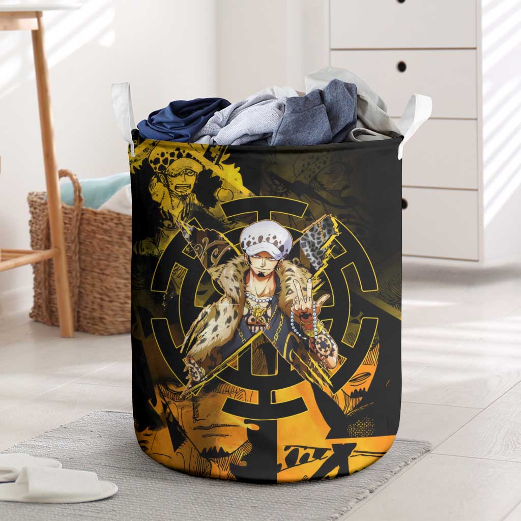 Trafalgar Law One Piece Yellow and Black Theme Laundry Basket with Jolly Roger Symbol and Manga Panel Design - The Mazicc