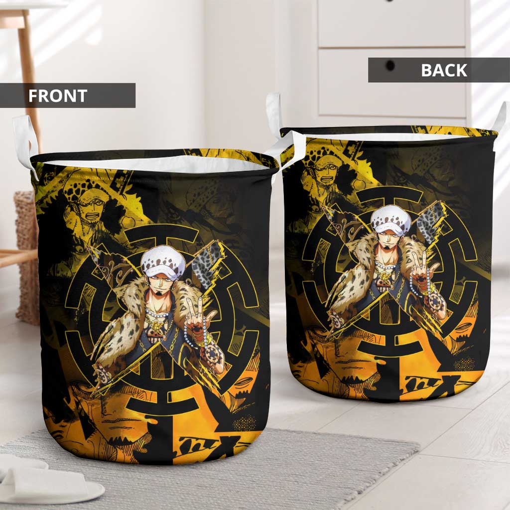 Trafalgar Law One Piece Yellow and Black Theme Laundry Basket with Jolly Roger Symbol and Manga Panel Design - The Mazicc