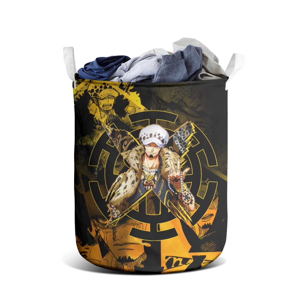 Trafalgar Law One Piece Yellow and Black Theme Laundry Basket with Jolly Roger Symbol and Manga Panel Design - The Mazicc