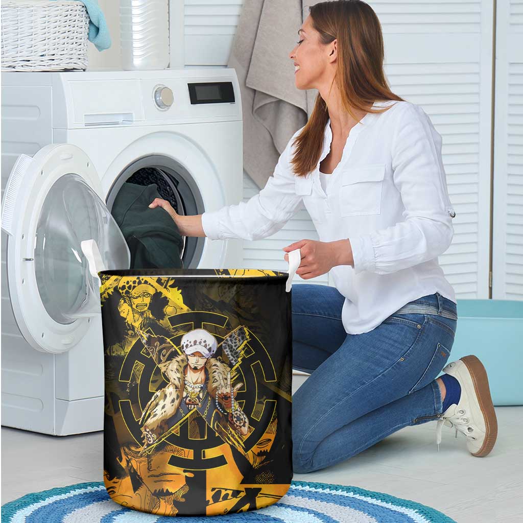 Trafalgar Law One Piece Yellow and Black Theme Laundry Basket with Jolly Roger Symbol and Manga Panel Design - The Mazicc