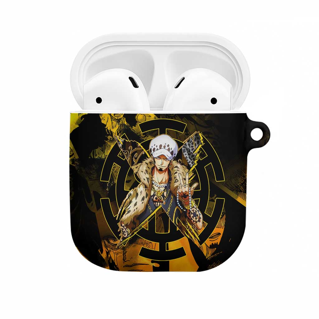 Trafalgar Law One Piece Yellow and Black Theme AirPods Case with Jolly Roger Symbol and Manga Panel Design - The Mazicc