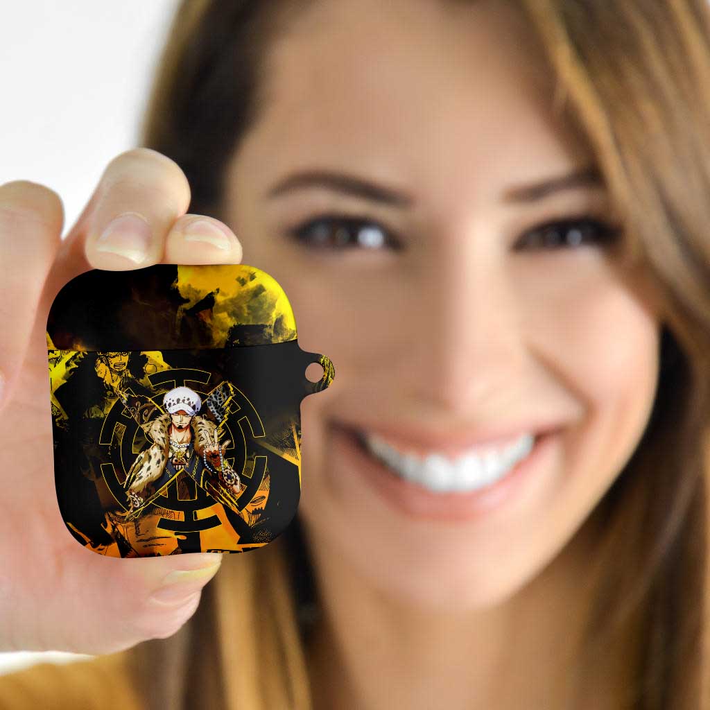 Trafalgar Law One Piece Yellow and Black Theme AirPods Case with Jolly Roger Symbol and Manga Panel Design - The Mazicc