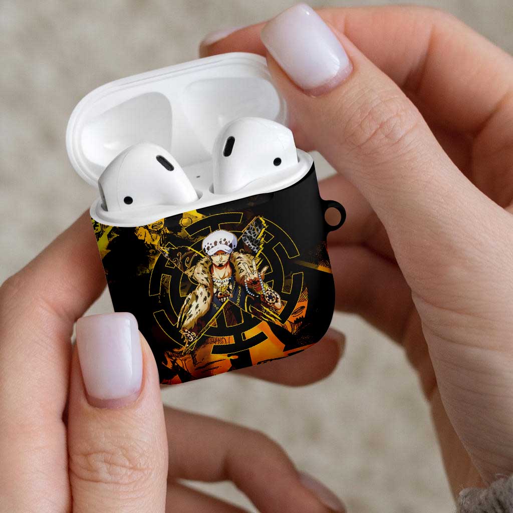 Trafalgar Law One Piece Yellow and Black Theme AirPods Case with Jolly Roger Symbol and Manga Panel Design - The Mazicc