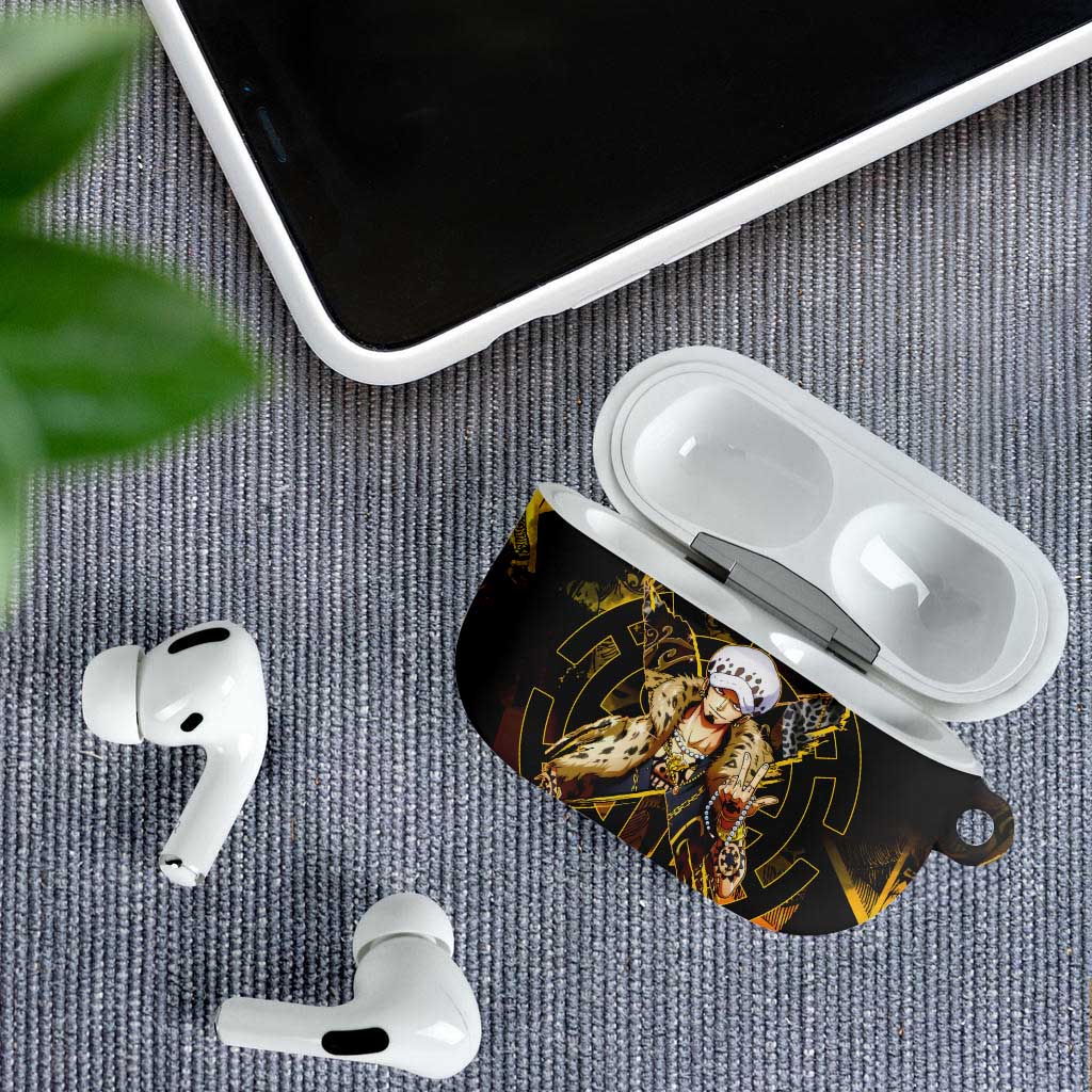 Trafalgar Law One Piece Yellow and Black Theme AirPods Case with Jolly Roger Symbol and Manga Panel Design - The Mazicc