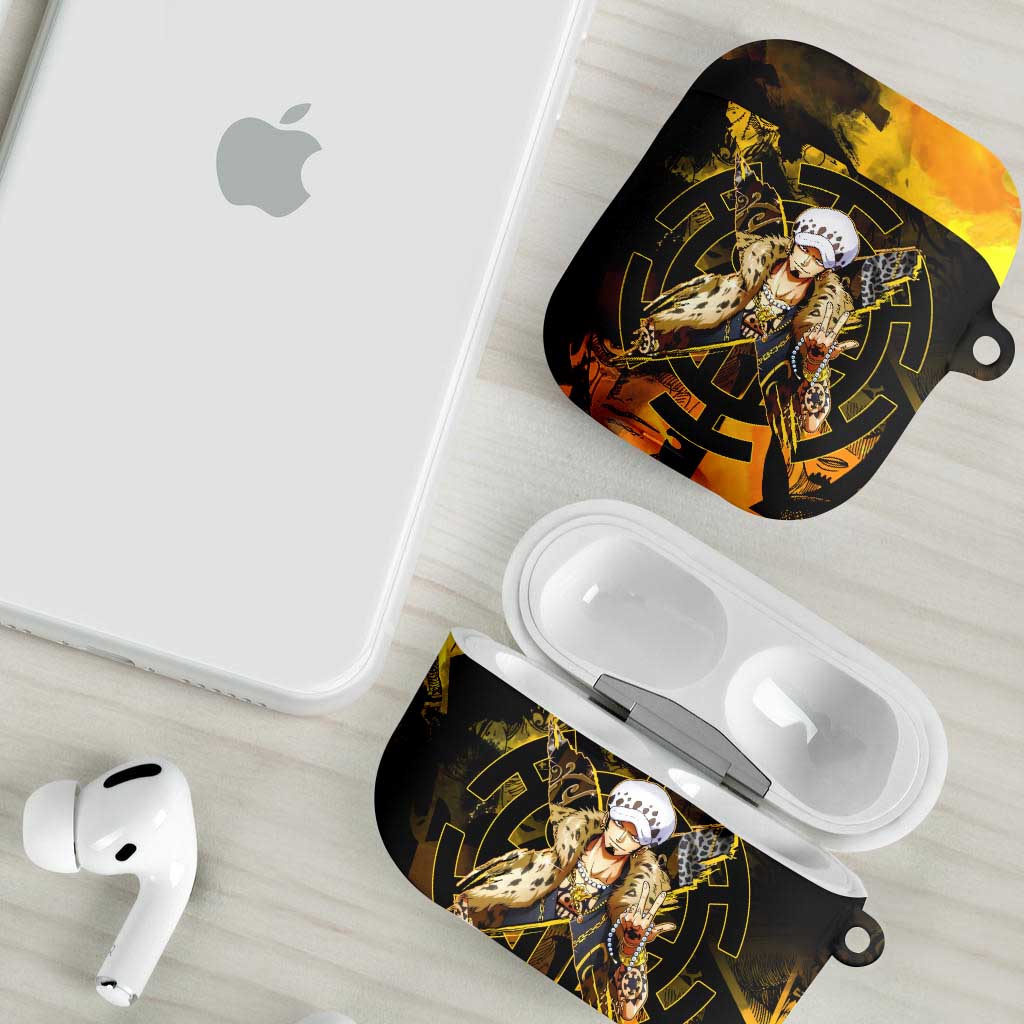 Trafalgar Law One Piece Yellow and Black Theme AirPods Case with Jolly Roger Symbol and Manga Panel Design - The Mazicc