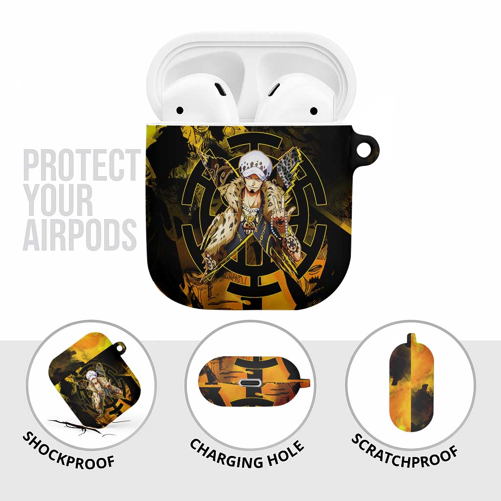 Trafalgar Law One Piece Yellow and Black Theme AirPods Case with Jolly Roger Symbol and Manga Panel Design - The Mazicc