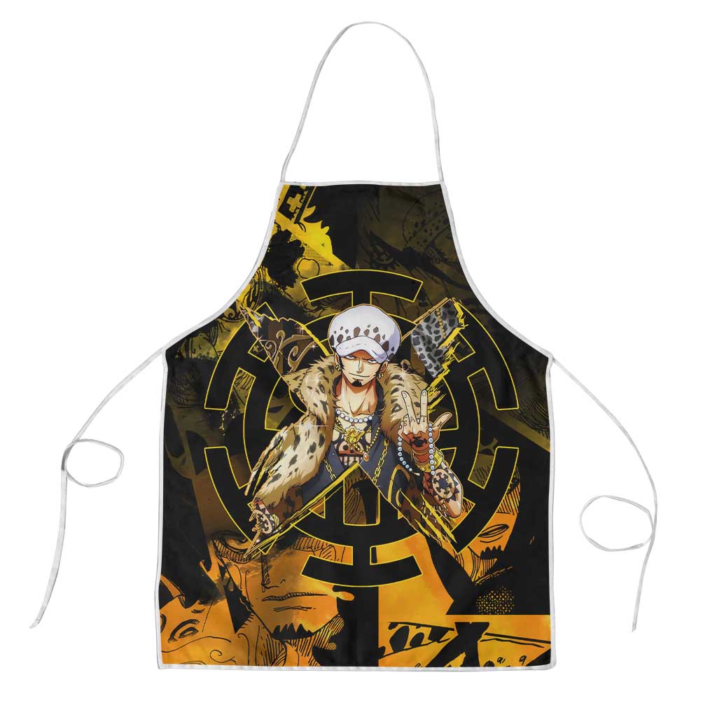 Trafalgar Law One Piece Yellow and Black Theme Apron with Jolly Roger Symbol and Manga Panel Design - The Mazicc