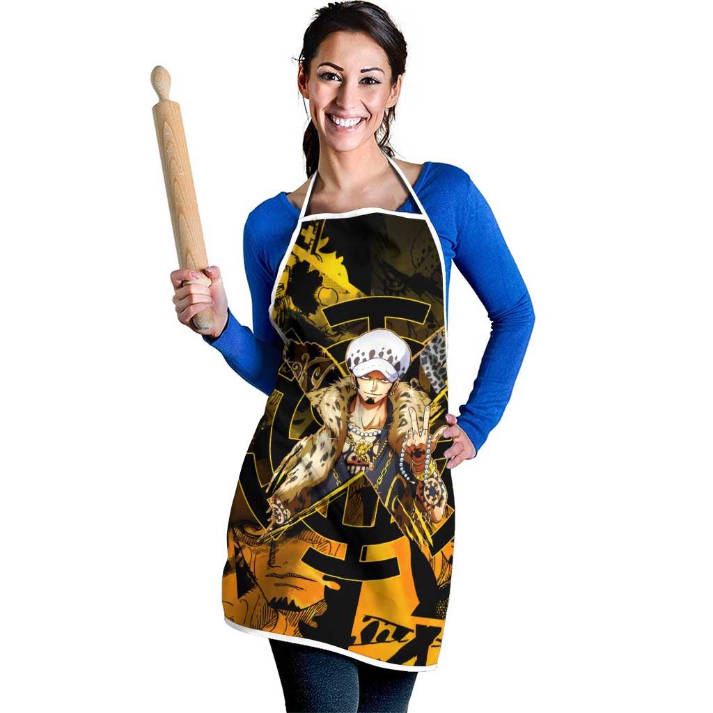 Trafalgar Law One Piece Yellow and Black Theme Apron with Jolly Roger Symbol and Manga Panel Design - The Mazicc