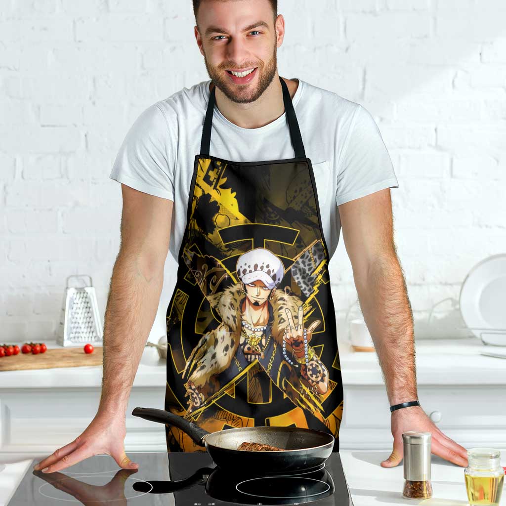 Trafalgar Law One Piece Yellow and Black Theme Apron with Jolly Roger Symbol and Manga Panel Design - The Mazicc