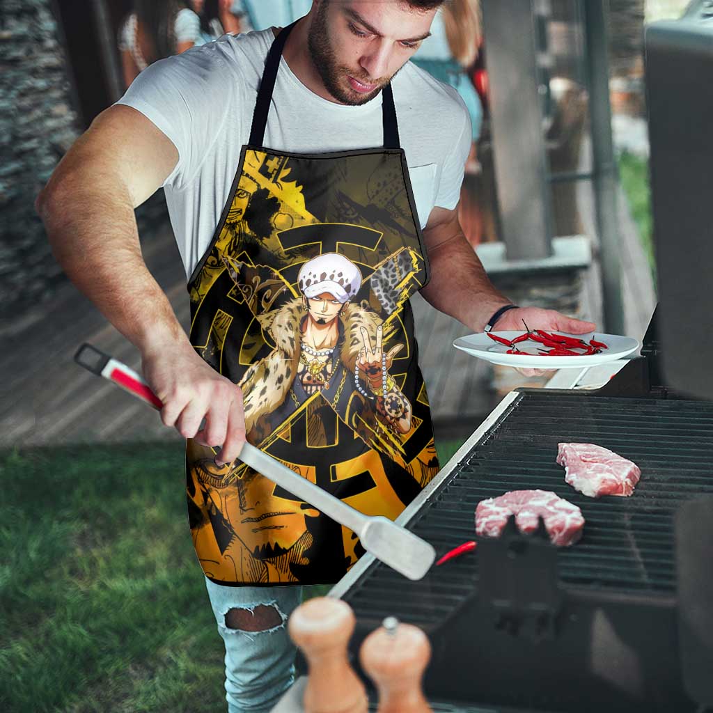 Trafalgar Law One Piece Yellow and Black Theme Apron with Jolly Roger Symbol and Manga Panel Design - The Mazicc
